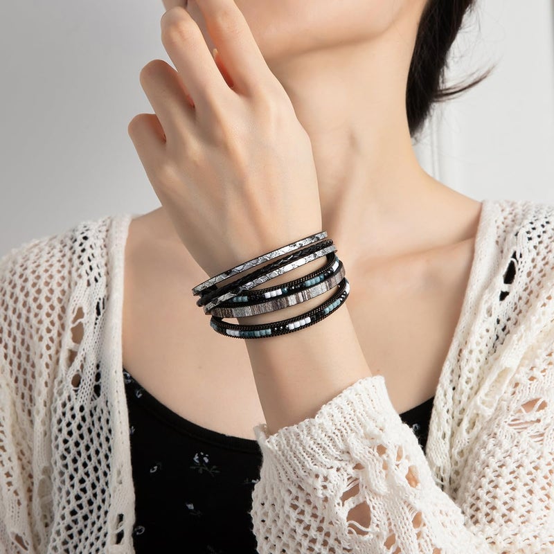 Rantanto Braid Leather Wrap Bracelet Trendy Stackable Crystal Cuff Boho Gold Heart Bracelet Jewelry Gift For Women - Image 2